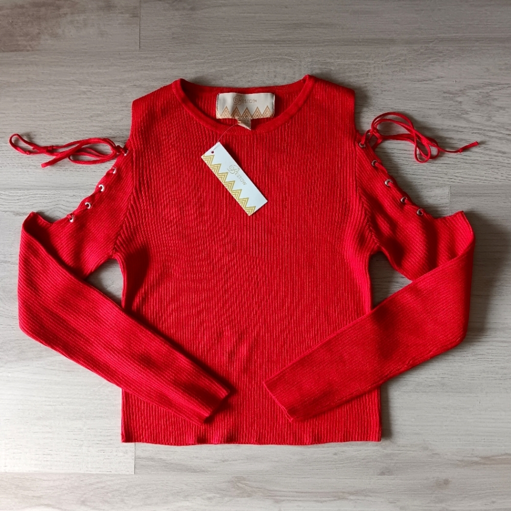 New Bestow Stretchy Rib-Knit Sweater Lace-up Cold-Shoulder Cutout Red Large